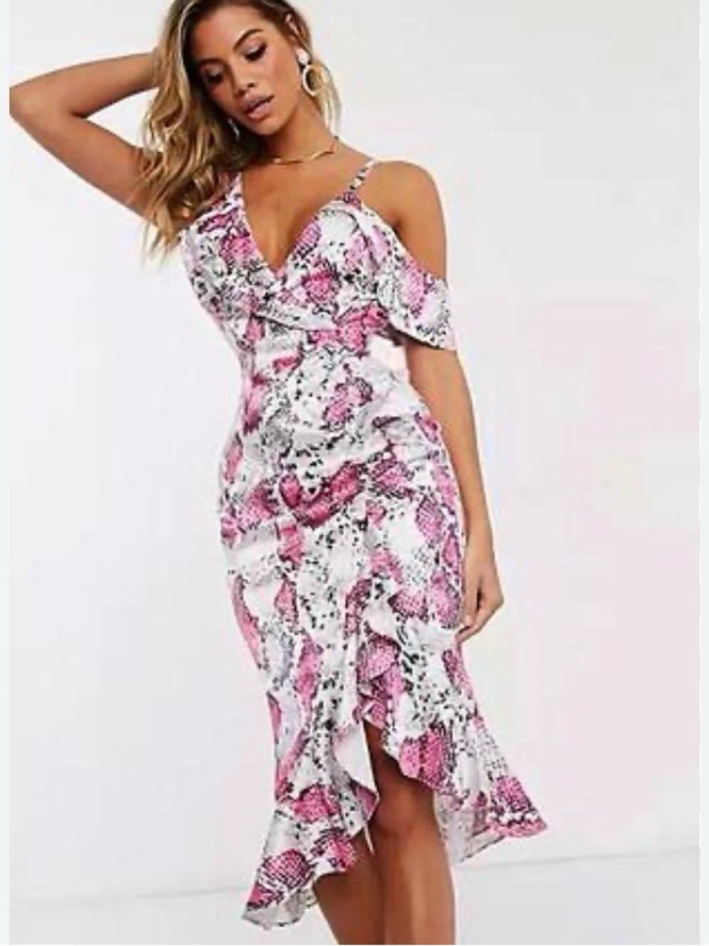Lavish Alice Floral Pink Ruffle Cold-Shoulder Midi Dress
